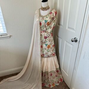 Floral Embroidered Dress with Cream Dupatta